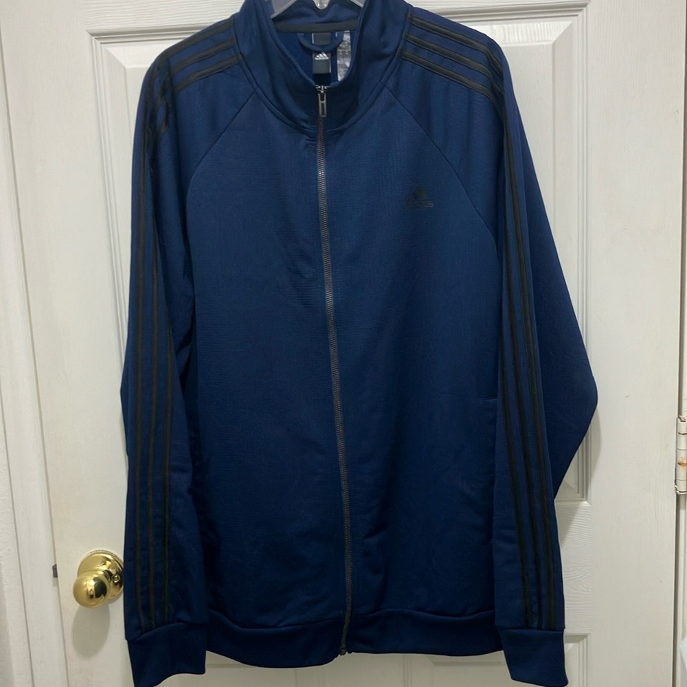 Adidas Blue Rip Stop Track Jacket navy blue w black stripes EUC 9/10